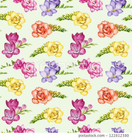 Freesia flowers on light-green background seamless pattern. Hand drawn springtime blooming flowers watercolor illustration. Freesia elegant blossoms seamless pattern perfect for floral design 122812380