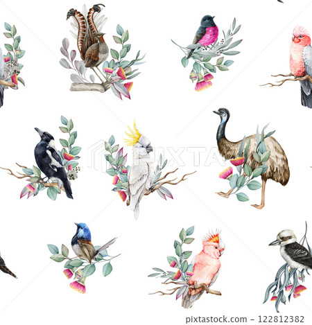 Australia native birds watercolor illustration seamless pattern. Hand drawn cockatoo, kookaburra, magpie, emu with eucalyptus branches, flowers decor on white background. Perfect for textiles, decor 122812382