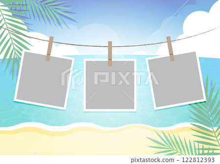 Ocean, palm trees, and photo frame background material. Summer travel memories garland with clips for hanging. Blank vector design. Ocean, palm trees, and photo frame background material. Summer travel memories garland with clips for hanging. Blank vector design. 122812393