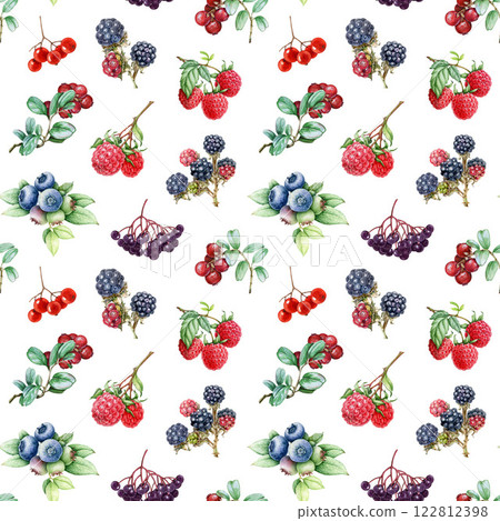 Fresh berries seamless pattern. Hand drawn blueberry, raspberry, blackberry, elderberry on white background. Different garden berries vintage style illustration bright seamless pattern design element 122812398