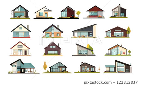 Countryside cottages cartoon vector set. Real estate modern houses, rural bungalows village area chalets homesteads timber buildings lodges, isolated illustrations on white background 122812837