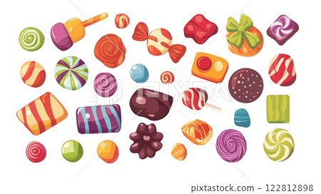 Candies cartoon vector set. Caramel elastic treats chocolate, bubble chewing gum pads, chewy sugar puffs candy pillows balls, delicious yummy confectionery sweets isolated illustrations 122812898