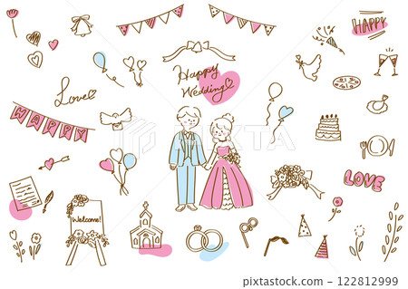一組可愛的手繪線條婚禮插圖和粉紅色和藍色圖標 一組可愛的手繪線條婚禮插圖和粉紅色和藍色圖標 122812999