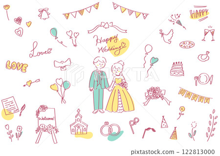 一組可愛的手繪線婚禮插圖和黃色和綠色的圖標 122813000