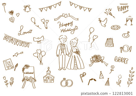 一組可愛的手繪線婚禮插圖和圖標 122813001