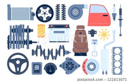 Mechanical spare parts for repair and assembly. Different mechanism, battery wheel, car door and chair, gearbox and speedometer. Gears recent vector clipart 122813071