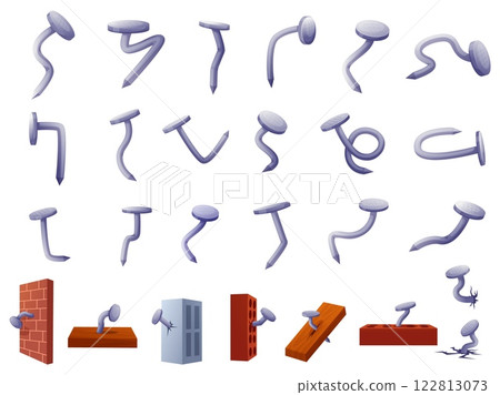 Cartoon steel nails. Modern stainless curved nail. Repair connecting materials hammered into wall, brick, wood. Home renovation process, nowaday vector elements Cartoon steel nails. Modern stainless curved nail. Repair connecting materials hammered into wall, brick, wood. Home renovation process, nowaday vector elements 122813073