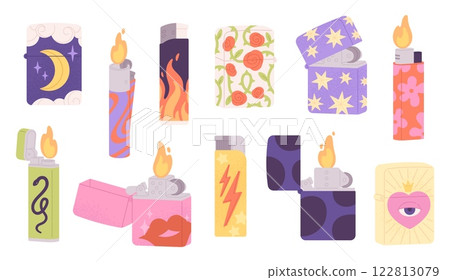 Various design lighters. Print on lighter, plastic metal smoking equipment. Decorative fire and kindling hand tools. Stylish racy vector colorful set 122813079