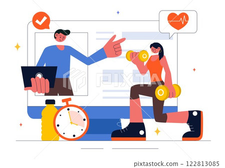 Wellness Coaching Vector Illustration Featuring a Sports Lesson or Fitness Course, Working Out with a Personal Coach, and Receiving Tailored Guidance Wellness Coaching Vector Illustration Featuring a Sports Lesson or Fitness Course, Working Out with a Personal Coach, and Receiving Tailored Guidance 122813085