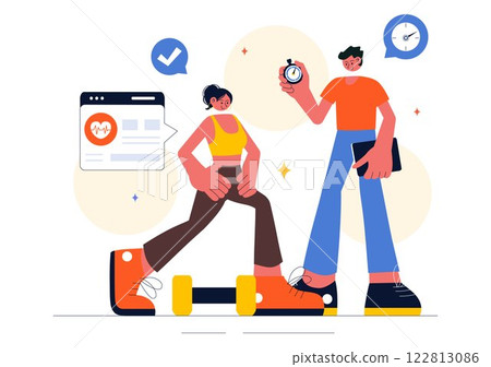 Wellness Coaching Vector Illustration Featuring a Sports Lesson or Fitness Course, Working Out with a Personal Coach, and Receiving Tailored Guidance Wellness Coaching Vector Illustration Featuring a Sports Lesson or Fitness Course, Working Out with a Personal Coach, and Receiving Tailored Guidance 122813086