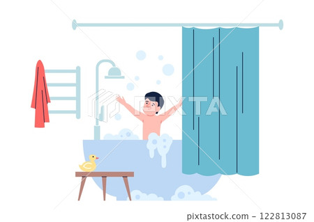 Child in bath. Cute boy has joy in bath time at evening. Child in bathroom with soap bubbles, foam and shampoo, rubber yellow duck, recent vector scene Child in bath. Cute boy has joy in bath time at evening. Child in bathroom with soap bubbles, foam and shampoo, rubber yellow duck, recent vector scene 122813087