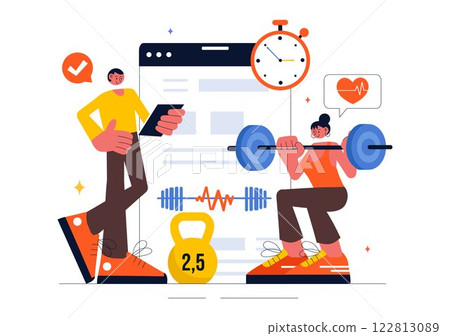 Wellness Coaching Vector Illustration Featuring a Sports Lesson or Fitness Course, Working Out with a Personal Coach, and Receiving Tailored Guidance 122813089