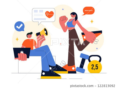 Wellness Coaching Vector Illustration Featuring a Sports Lesson or Fitness Course, Working Out with a Personal Coach, and Receiving Tailored Guidance 122813092