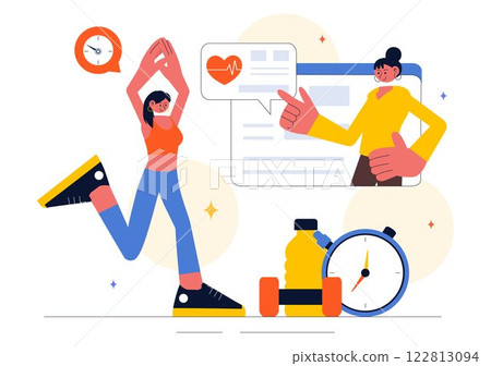 Wellness Coaching Vector Illustration Featuring a Sports Lesson or Fitness Course, Working Out with a Personal Coach, and Receiving Tailored Guidance 122813094