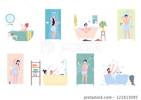 People showering. Male female characters taking bath and shower. Personal hygiene time in bathroom, characters wash with shampoo and soap, recent vector scenes 122813095