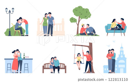 Romantic couples. Different couple in love, traditional and lgbt relationship. Men women friendship, dating and meeting in public places, recent vector scenes 122813110