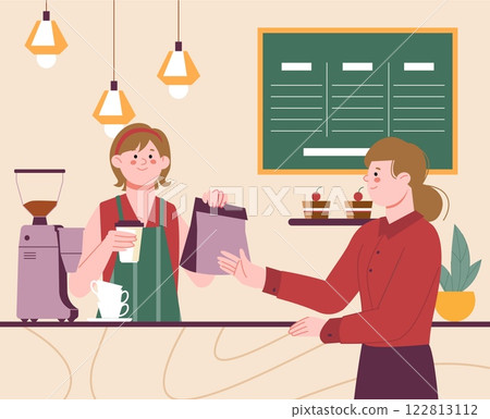 Woman buy coffee and pastry in cafe or coffee shop. Barista at work, cute girl waiter at counter with coffee and packaging. Sale coffee, vector scene 122813112