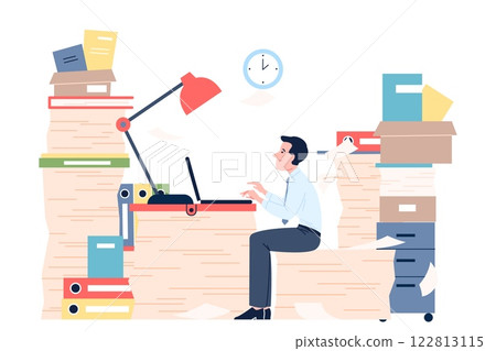 Office worker working at laptop. Paper piles, folders and different documents. Tax consultant, accountant, lawyer, teacher, paperwork vector scene 122813115