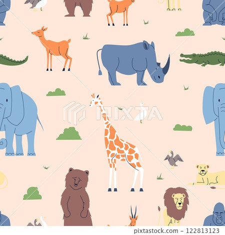 Animal seamless pattern. Baby fabric print design with giraffe bear goose crocodile elephant monkey lion. African wild animals, vector background Animal seamless pattern. Baby fabric print design with giraffe bear goose crocodile elephant monkey lion. African wild animals, vector background 122813123