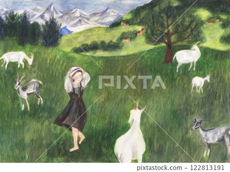 Landscape illustration of a girl and goats playing on the plateau drawn with watercolor pencils 122813191