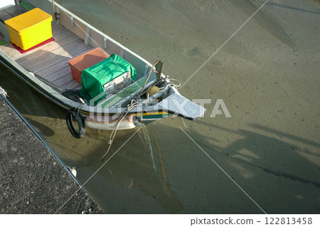 Fishing boat docked on the shore. Fishing boat docked on the shore. 122813458