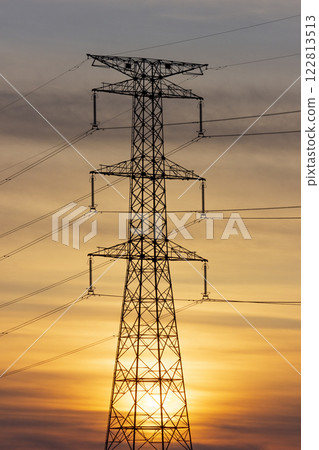 Sunset and electricity transmission tower Sunset and electricity transmission tower 122813513