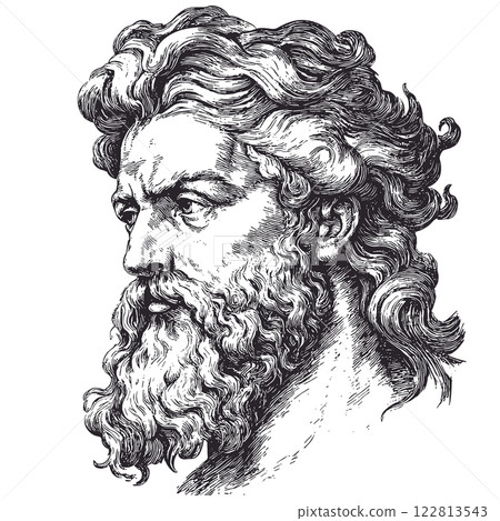 Zeus Portrait Detailed Vintage Engraving Illustration on White Background with Intricate Texture Greek Mythology Art Antique Style King of the Gods Graphic Vintage Classical Deity 122813543