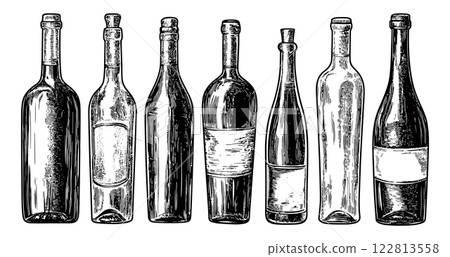 Vine Bottles Set Engraving Illustration On White Background Unique Artwork Vintage Design Creative Illustrations Distinctive Bottle Icons Decorative Elements Rustic Style Artistic 122813558