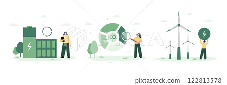 Sustainable and ecology illustration set. Wind electricity generators. Eco power station. Factory generating electricity for industry. Vector in flat cartoon style Sustainable and ecology illustration set. Wind electricity generators. Eco power station. Factory generating electricity for industry. Vector in flat cartoon style 122813578