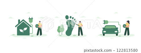 CO2 neutral. Set of renewable energy, natural recycled resources and electric sustainable vehicle concepts. Low carbon. Vector illustration in flat cartoon style CO2 neutral. Set of renewable energy, natural recycled resources and electric sustainable vehicle concepts. Low carbon. Vector illustration in flat cartoon style 122813580