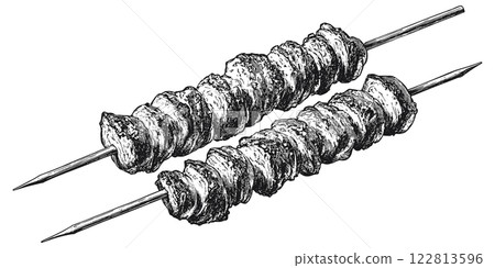 Skewered Kebab Detailed Vintage Engraving Illustration on White Background with Intricate Texture Classic Food Art Antique Style Grilled Meat Graphic Vintage Culinary Design 122813596