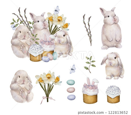 set of Easter Bunnies with Cupcakes and Spring Flowers 122813652