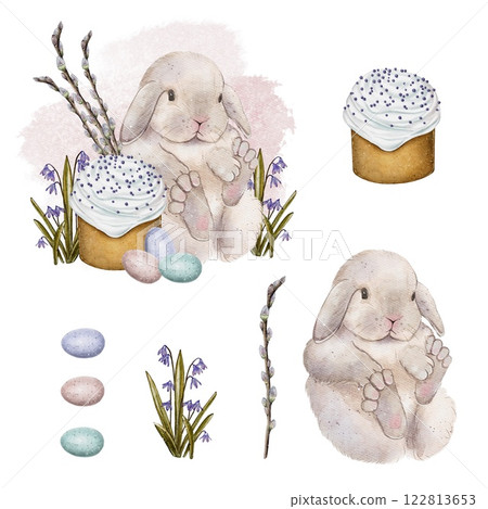 set of Bunny with Easter Cupcake and Eggs 122813653