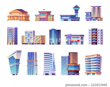City different buildings. Downtown living brick building, urban residential town house modern architecture office company business tower hotel apartment, swanky vector illustration 122813985