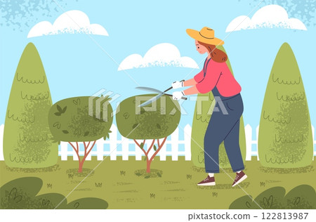 Gardener pruning hedge. Professional garden maintenance, gardening worker in overall cut bush trimming small trees on backyard green nature landscape, classy vector illustration 122813987