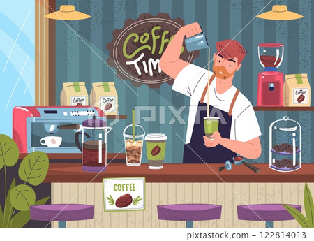 Barista makes coffee. Coffeehouse service professional employer or owner cafe bar brew espresso mug, pouring latte cup hipster man person in apron working classy vector illustration Barista makes coffee. Coffeehouse service professional employer or owner cafe bar brew espresso mug, pouring latte cup hipster man person in apron working classy vector illustration 122814013