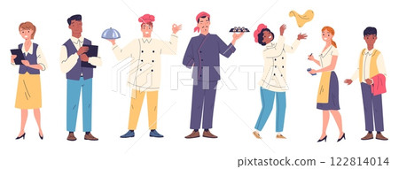 Restaurant staff workers. Man woman in catering service uniform, cafe employment kitchen crew job team chef cook waitress waiter manager administrator, classy vector illustration Restaurant staff workers. Man woman in catering service uniform, cafe employment kitchen crew job team chef cook waitress waiter manager administrator, classy vector illustration 122814014