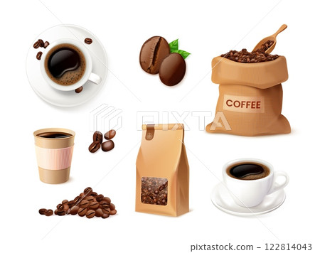 Realistic coffee products. 3d coffe mug on saucer with roasted beans in burlap bag with scoop, hot espresso latte drink paper cup bean top side view set exact vector illustration 122814043