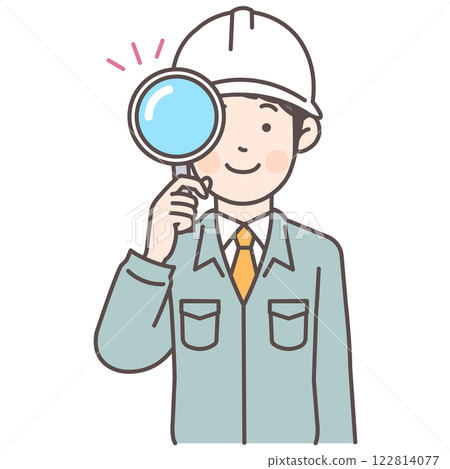 Construction worker man with magnifying glass 122814077