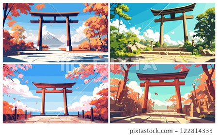 Japanese temple gate. Asian landscape with torii mountain trees, autumn summer traditional japan shrine vector illustration 122814333