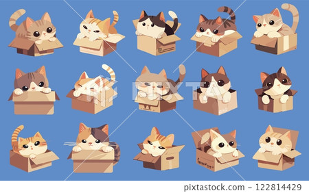 Cats in boxes. Adopt pet concept, cute cartoon domestic feline animal, kitten in cardboard box set vector illustration Cats in boxes. Adopt pet concept, cute cartoon domestic feline animal, kitten in cardboard box set vector illustration 122814429