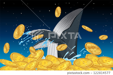 Whale Breaching Amidst Bitcoin Coins Whale Breaching Amidst Bitcoin Coins 122814577