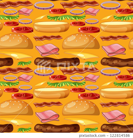 Seamless Burger Ingredients Pattern Design 122814586