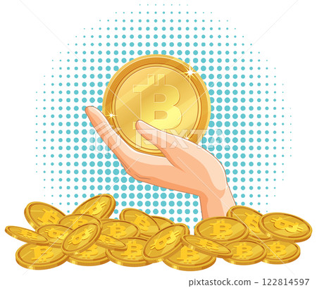 Hand Holding Bitcoin Over Coins 122814597