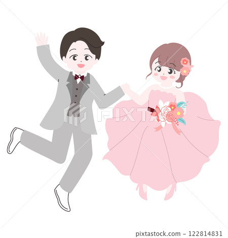 可愛的新娘和新郎插畫：微笑，牽手和跳躍 122814831