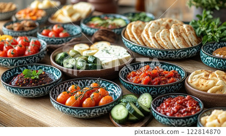 Bountiful array of fresh Mediterranean dishes served on elegant tableware in a cozy setting 122814870