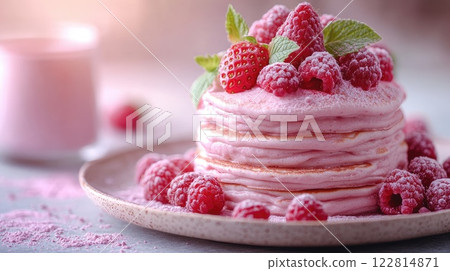 Delightful stack of pink pancakes topped with fresh raspberries and mint on a rustic plate in a bright kitchen setting 122814871