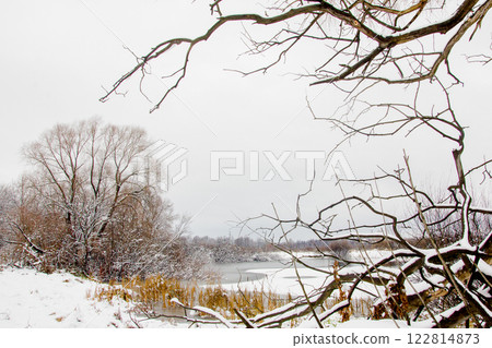 Landscape of late autumn with an old willow on the snow-covered bank of a frozen lake 122814873