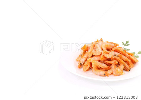 Deep fried shrimp with head and shell on light background snack Deep fried shrimp with head and shell on light background snack 122815008