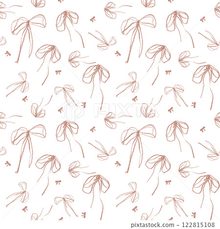 Seamless bow hand drawn with pencil pattern in color of year mocha mousse. Cute print with brown palette, crayon. Vintage bows in brown on white background 122815108